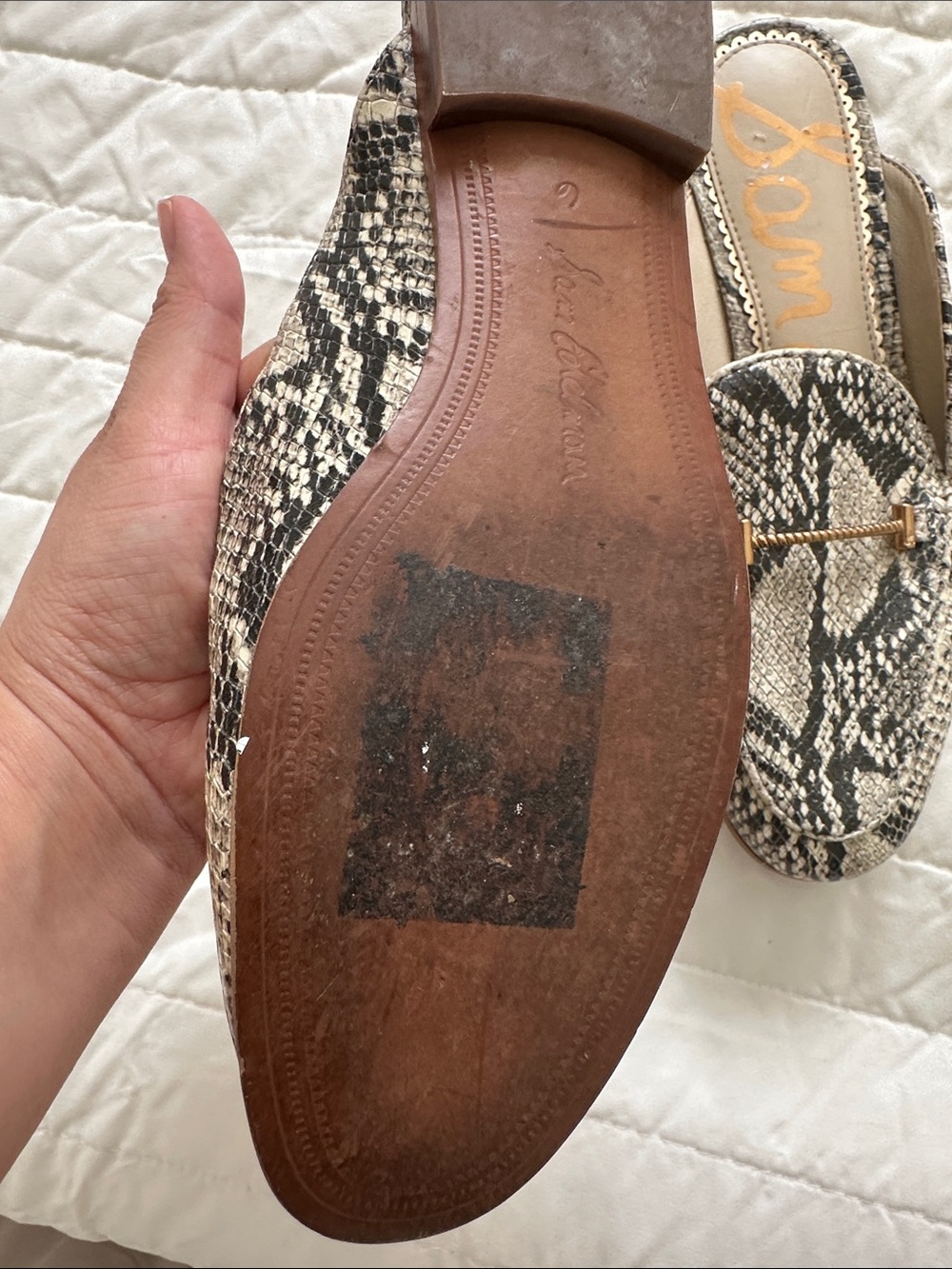 Sam Edelman Snake-Print Backless Mules with Gold Accent - Beige & Black - Picture 4 of 8